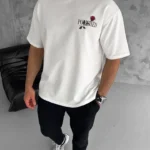 Unisex Bisiklet Yaka Baskılı Oversize T-Shirt - Beyaz