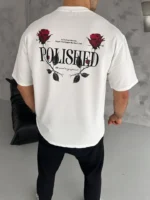 Unisex Bisiklet Yaka Baskılı Oversize T-Shirt - Beyaz - Görsel 2