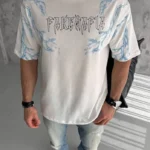 Unisex Bisiklet Yaka Baskılı Oversize T-Shirt - Beyaz