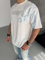 Unisex Bisiklet Yaka Baskılı Oversize T-Shirt - Beyaz - Görsel 2