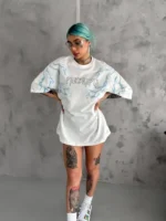 Unisex Bisiklet Yaka Baskılı Oversize T-Shirt - Beyaz - Görsel 2