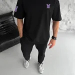 Unisex Bisiklet Yaka Baskılı Oversize T-Shirt - Siyah