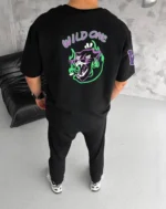 Unisex Bisiklet Yaka Baskılı Oversize T-Shirt - Siyah - Görsel 2