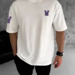 Unisex Bisiklet Yaka Baskılı Oversize T-Shirt - Beyaz