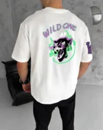 Unisex Bisiklet Yaka Baskılı Oversize T-Shirt - Beyaz - Görsel 2