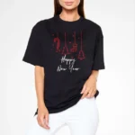 Unisex Bisiklet Yaka Baskılı Oversize T-Shirt - Siyah