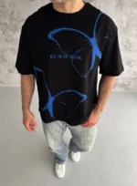 Unisex Bisiklet Yaka Baskılı Oversize T-Shirt - Siyah - Görsel 2