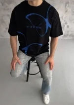 Unisex Bisiklet Yaka Baskılı Oversize T-Shirt - Siyah - Görsel 3