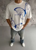 Unisex Bisiklet Yaka Baskılı Oversize T-Shirt - Beyaz - Görsel 2