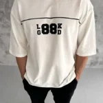 Unisex Bisiklet Yaka Baskılı Oversize T-Shirt - Beyaz