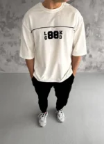 Unisex Bisiklet Yaka Baskılı Oversize T-Shirt - Beyaz - Görsel 2