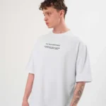 Unisex Bisiklet Yaka Baskılı Oversize T-Shirt - Beyaz