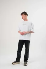 Unisex Bisiklet Yaka Baskılı Oversize T-Shirt - Beyaz - Görsel 2