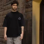 Unisex Bisiklet Yaka Baskılı Oversize T-Shirt - Siyah