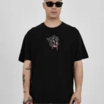 Unisex Bisiklet Yaka Baskılı Oversize T-Shirt - Siyah