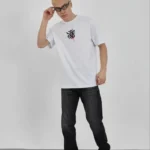 Unisex Bisiklet Yaka Baskılı Oversize T-Shirt - Beyaz