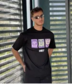 Unisex Bisiklet Yaka Baskılı Oversize T-Shirt - Siyah - Görsel 2