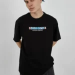 Unisex Bisiklet Yaka Baskılı Oversize T-Shirt - Siyah