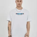 Unisex Bisiklet Yaka Baskılı Oversize T-Shirt - Beyaz