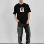 Unisex Bisiklet Yaka Baskılı Oversize T-Shirt - Siyah