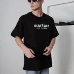 Unisex Bisiklet Yaka Baskılı Oversize T-Shirt - Siyah