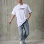 Unisex Bisiklet Yaka Baskılı Oversize T-Shirt - Beyaz