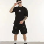 Unisex Bisiklet Yaka Baskılı Oversize T-Shirt - Siyah