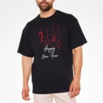 Unisex Bisiklet Yaka Baskılı Oversize T-Shirt - Siyah