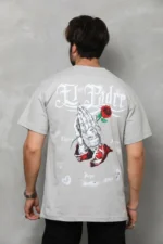 Unisex Bisiklet Yaka Baskılı Oversize T-Shirt - Gri - Görsel 3