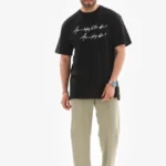 Unisex Bisiklet Yaka Baskılı Oversize T-Shirt - Siyah