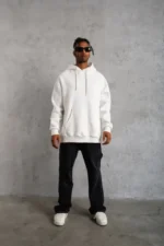 3 İplik Kapşonlu Sweatshirt Hoodie - Beyaz - Görsel 3