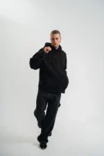 Unisex Uzun Kol Kapşonlu Yıkamalı Nakışlı SweatShirt - Siyah - Görsel 2