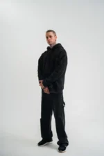 Unisex Uzun Kol Kapşonlu Yıkamalı Nakışlı SweatShirt - Siyah - Görsel 4