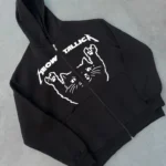 Kışlık Baskılı Fermuarlı Kapüşonlu Hırka - Siyah