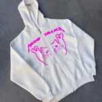 Kışlık Baskılı Fermuarlı Kapüşonlu Hırka - Beyaz