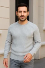 Erkek Fitilli Triko Kazak 3lü Set Gri Haki Siyah Regular Fit Bisiklet Yaka Triko Seti Modeli Kazak - Görsel 2