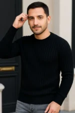 Erkek Fitilli Triko Kazak 3lü Set Gri Haki Siyah Regular Fit Bisiklet Yaka Triko Seti Modeli Kazak - Görsel 3