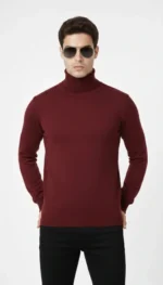 Tam Boğazlı Balıkcı Yaka Triko Kazak Yumuşak Dokulu Pamuklu Ince Dokuma, Uzun Kollu Rahat Regular Kalıp - Bordo - Görsel 3