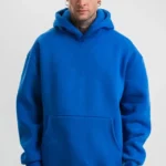Erkek Saks Mavi Double Oversize 3 İplik Pamuklu Kapüşonlu Kanguru Cepli Sweatshirt Hoodie - Saks Mavi