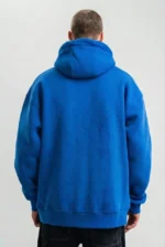 Erkek Saks Mavi Double Oversize 3 İplik Pamuklu Kapüşonlu Kanguru Cepli Sweatshirt Hoodie - Saks Mavi - Görsel 2
