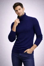 Erkek Balıkcı Yaka Bağazlı Triko Kazak Pamuklu Kalın Fitilli Dokuma, Regular Fit Uzun Kollu Kışlık Model - Lacivert - Görsel 2