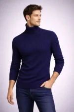 Erkek Balıkcı Yaka Bağazlı Triko Kazak Pamuklu Kalın Fitilli Dokuma, Regular Fit Uzun Kollu Kışlık Model - Lacivert - Görsel 4