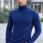 Erkek Balıkcı Yaka Bağazlı Triko Kazak Pamuklu Kalın Fitilli Dokuma, Regular Fit Uzun Kollu Kışlık Model - İndigo