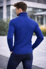 Erkek Balıkcı Yaka Bağazlı Triko Kazak Pamuklu Kalın Fitilli Dokuma, Regular Fit Uzun Kollu Kışlık Model - İndigo - Görsel 2