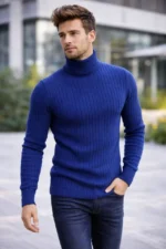 Erkek Balıkcı Yaka Bağazlı Triko Kazak Pamuklu Kalın Fitilli Dokuma, Regular Fit Uzun Kollu Kışlık Model - İndigo - Görsel 3