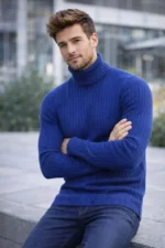 Erkek Balıkcı Yaka Bağazlı Triko Kazak Pamuklu Kalın Fitilli Dokuma, Regular Fit Uzun Kollu Kışlık Model - İndigo - Görsel 4