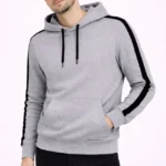 Erkek Şeritli Kapüşonlu Sweatshirt Oversize 3 Iplik Pamuklu - Gri