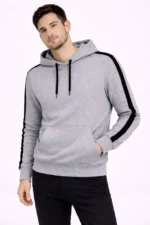 Erkek Şeritli Kapüşonlu Sweatshirt Oversize 3 Iplik Pamuklu - Gri
