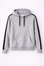 Erkek Şeritli Kapüşonlu Sweatshirt Oversize 3 Iplik Pamuklu - Gri - Görsel 2