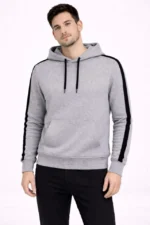 Erkek Şeritli Kapüşonlu Sweatshirt Oversize 3 Iplik Pamuklu - Gri - Görsel 3